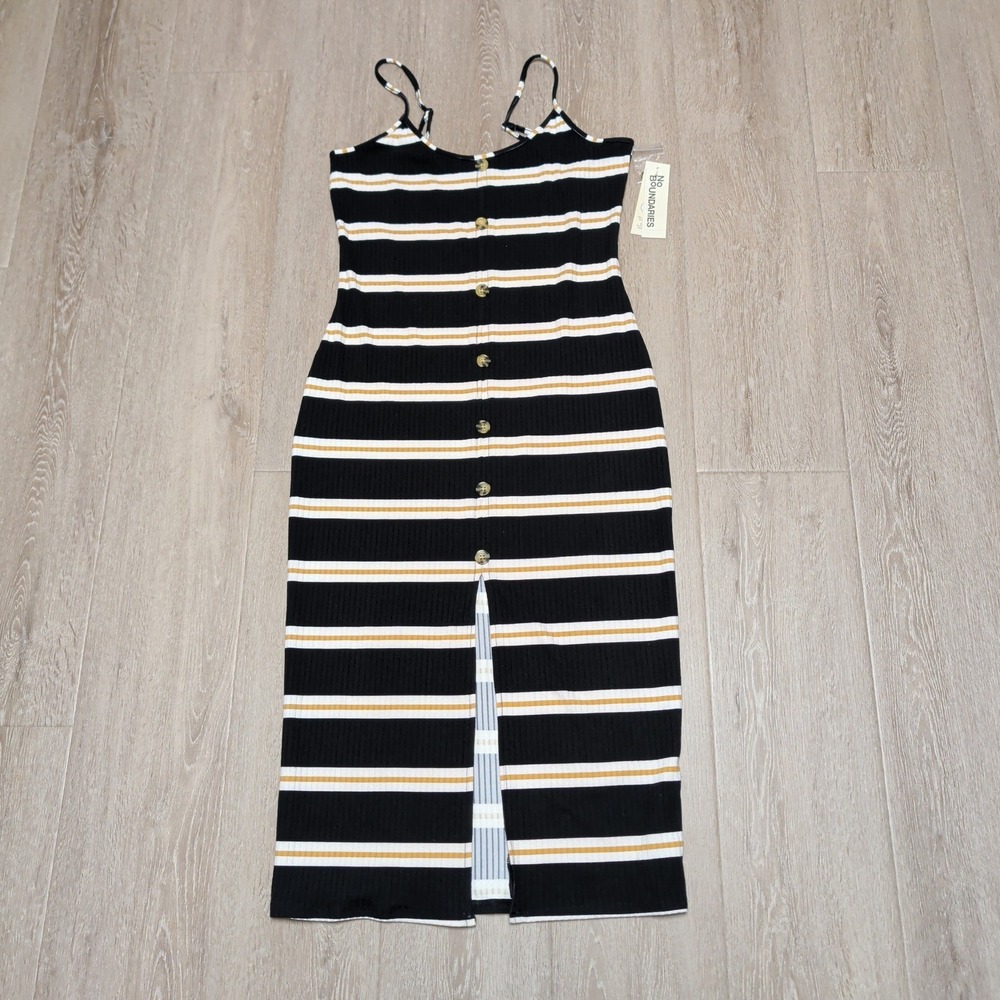 New Y2K No Boundaries Womens L Striped Bodycon‎ Slit Front Midi Dress Black